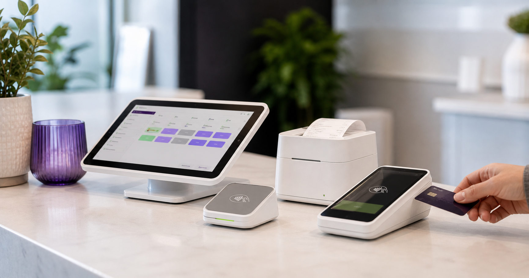 Modern payment equipment on a business counter